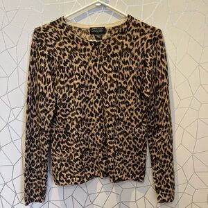 Lord & Taylor Leopard Print Cardigan Sweater Womens Extra Fine Merino Wool